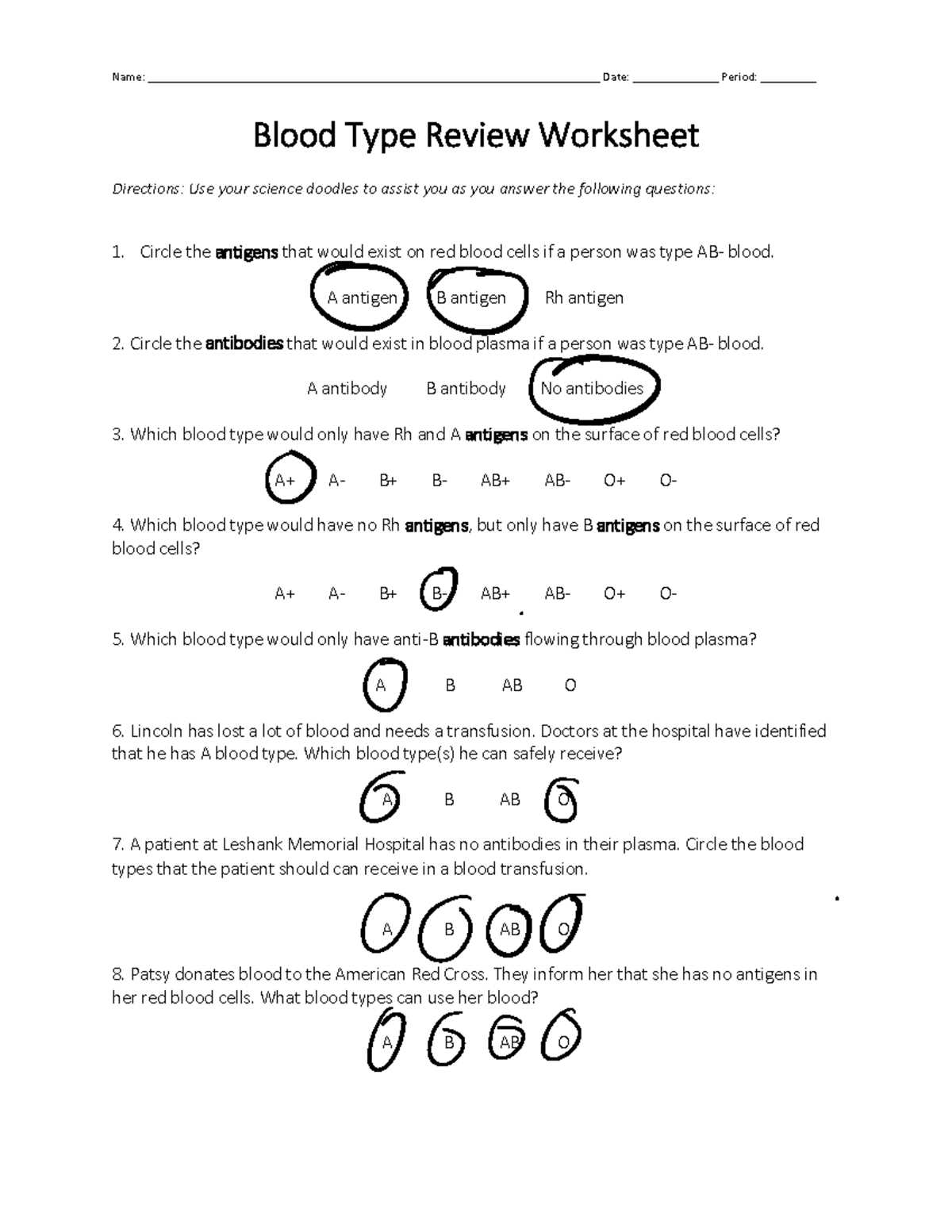 blood type practice worksheet