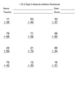 2 digit add 1 digit worksheet