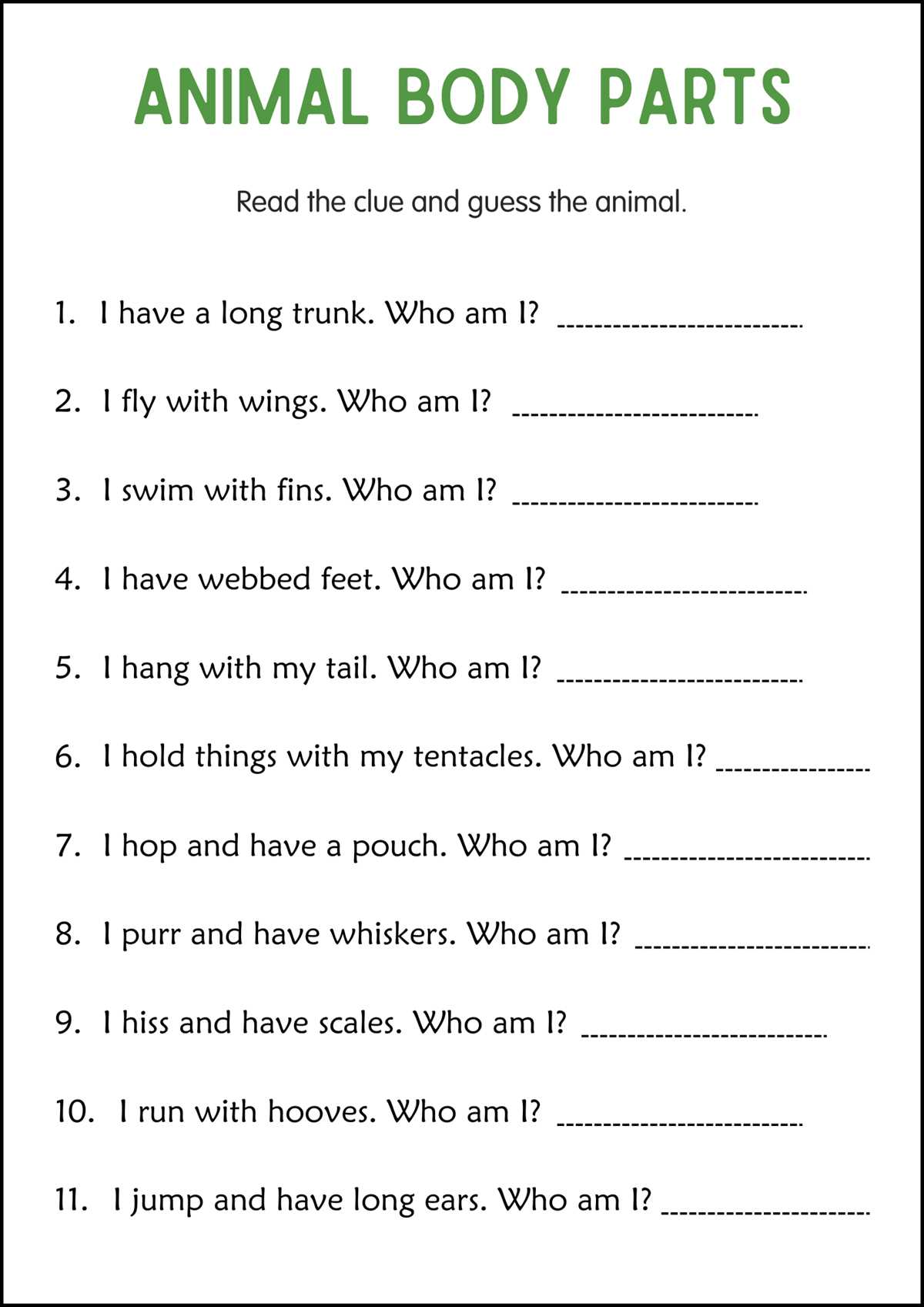 body parts and function worksheet