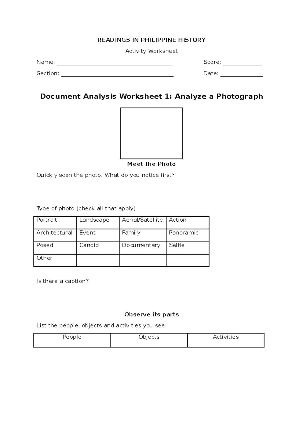 analyzing a photograph worksheet