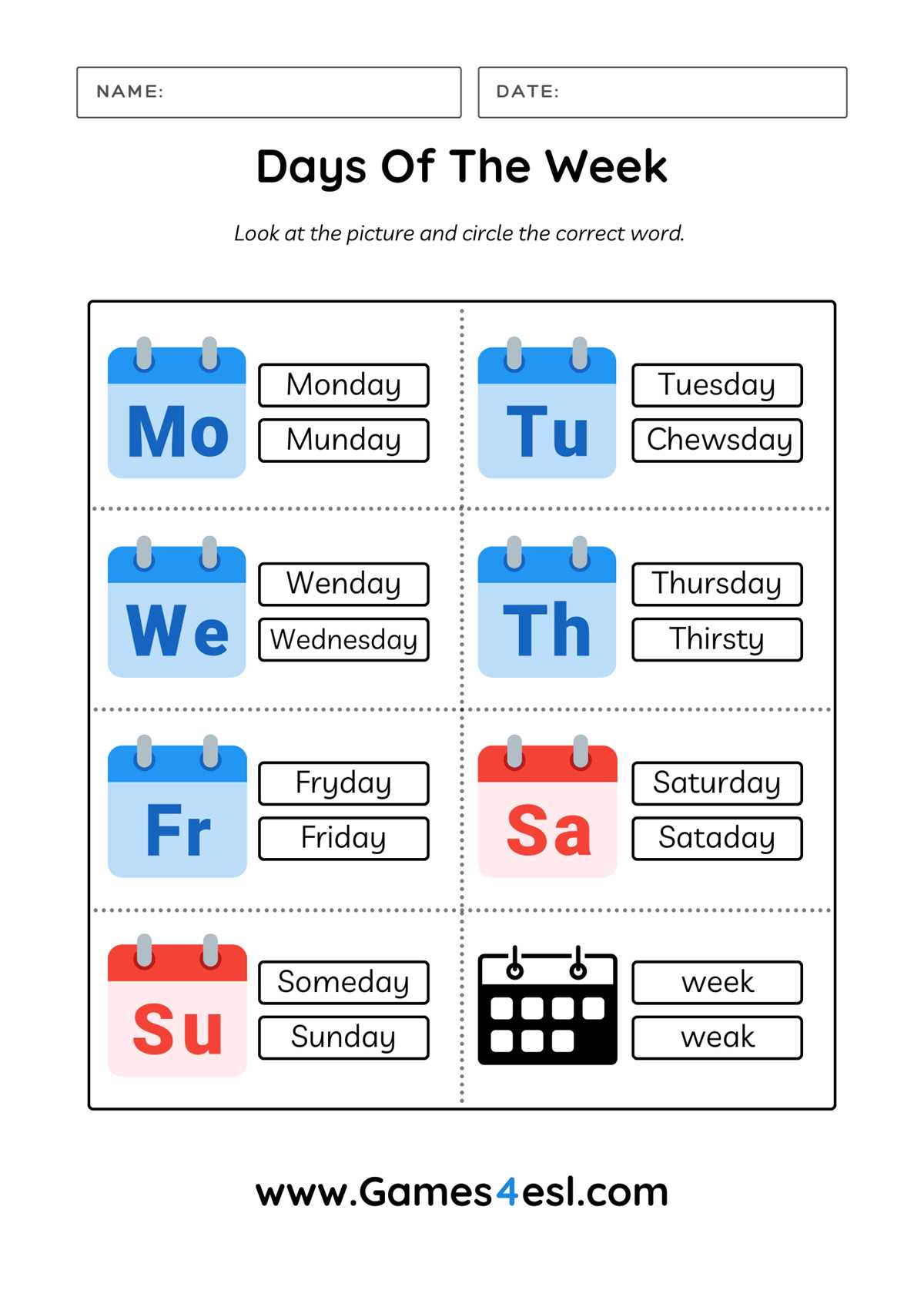 days of week in english worksheet