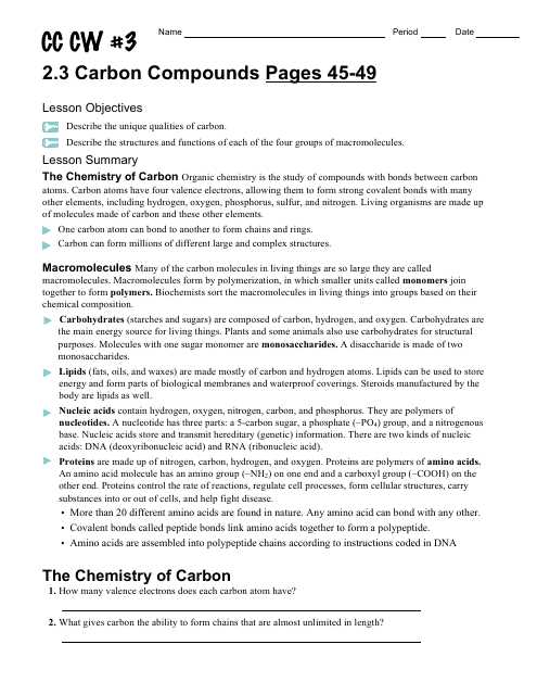 chemistry of life worksheet
