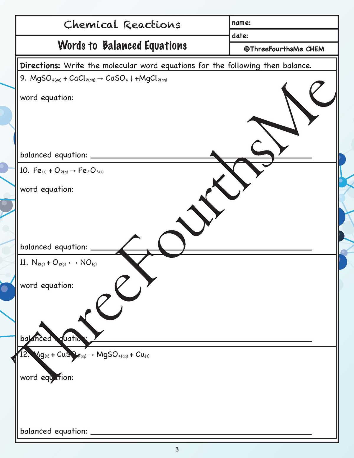 word equation to chemical equations worksheet