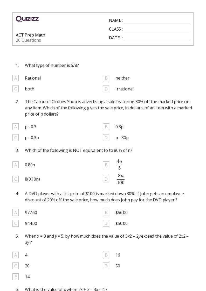 act practice math worksheets