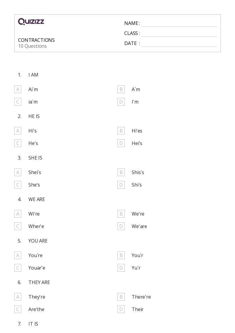 1st grade contractions worksheet