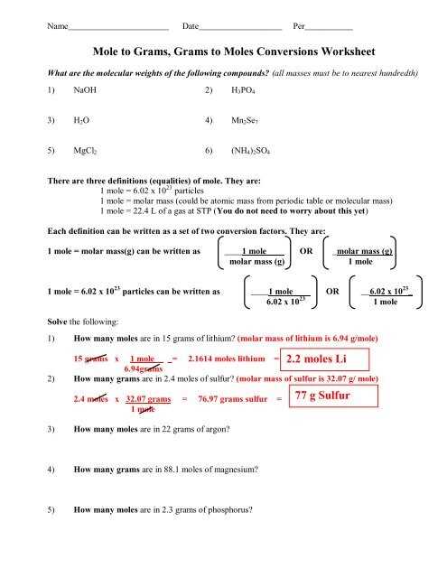calculate molar mass worksheet