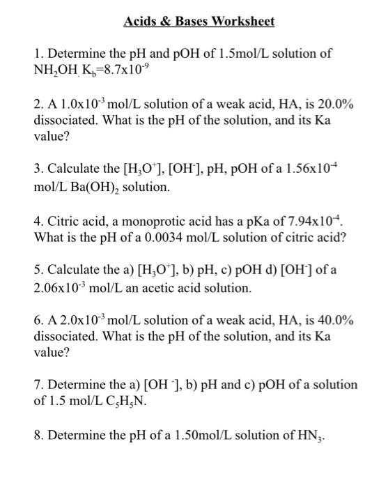 calculating ph worksheet