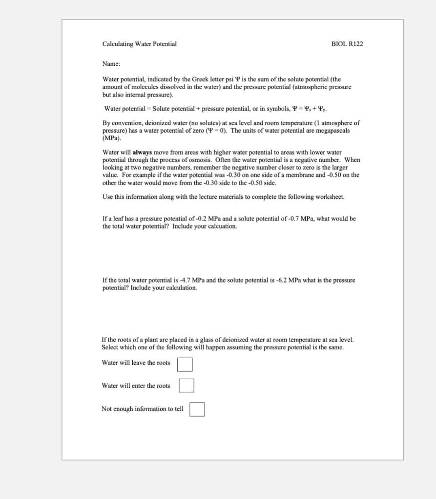 calculating water potential worksheet