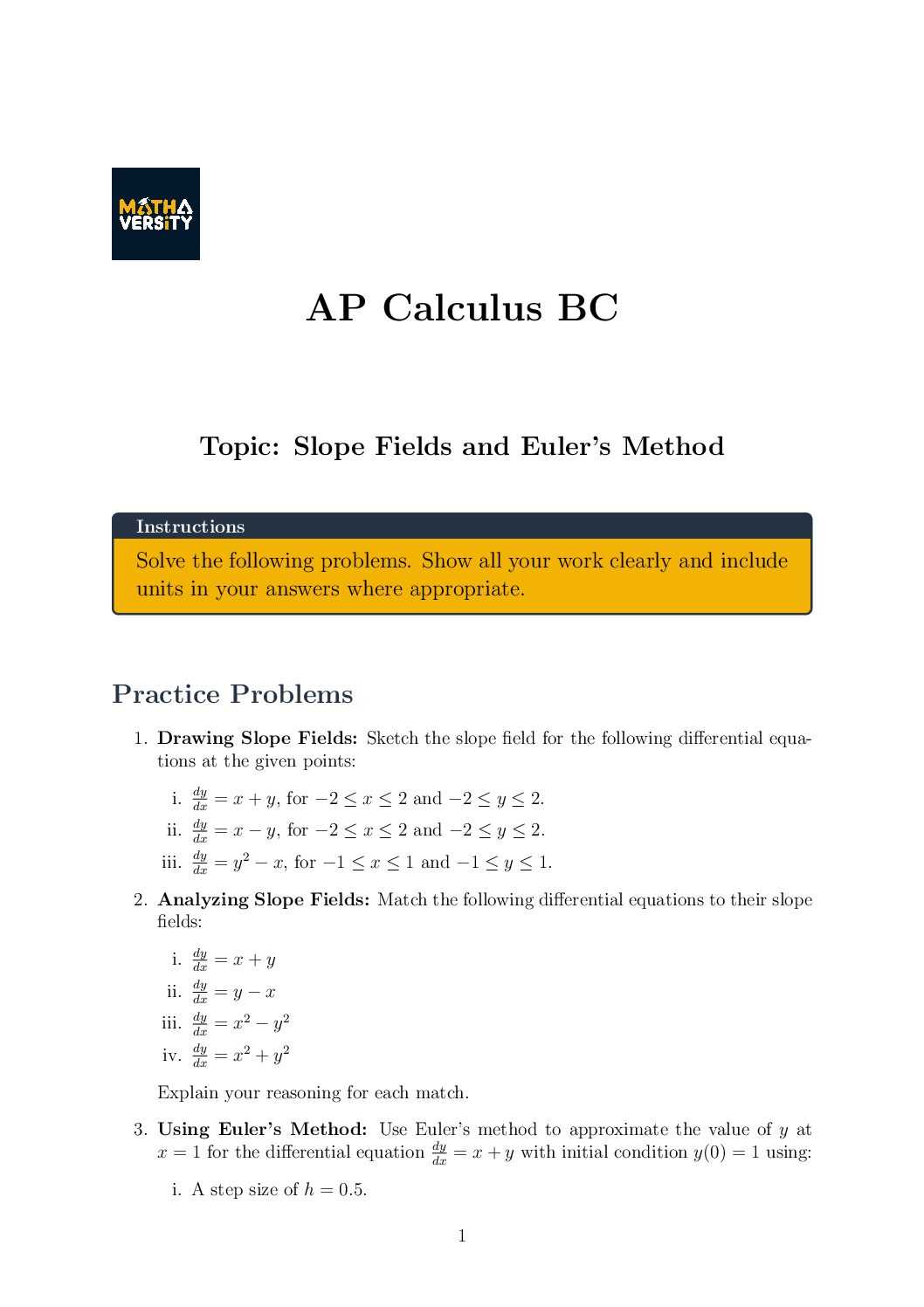 calculus slope fields worksheet