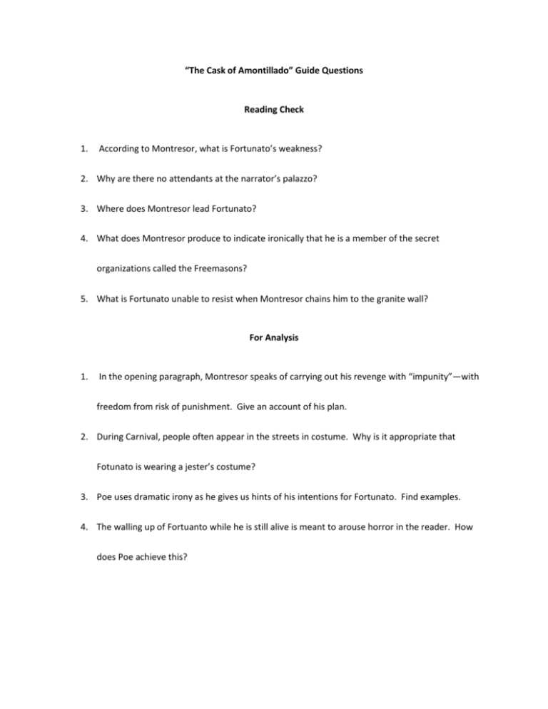 cask of amontillado worksheets