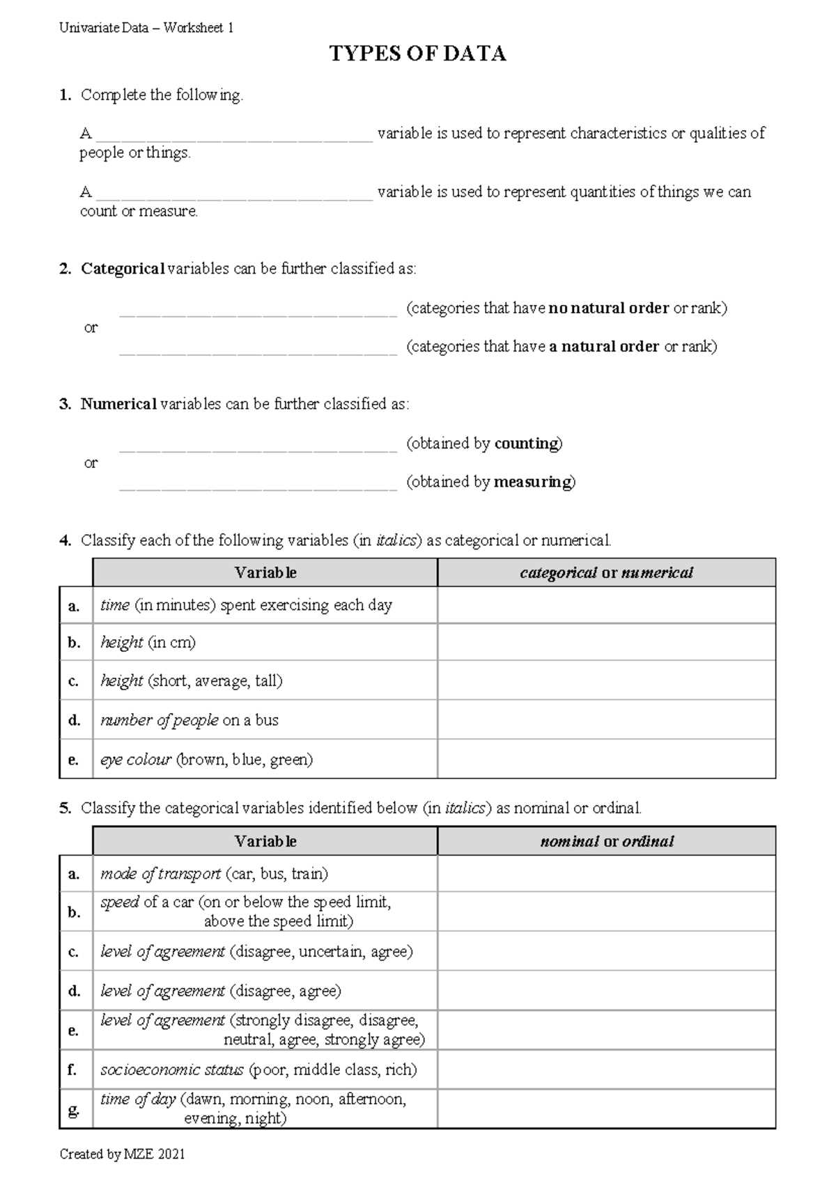 categorical and numerical data worksheets