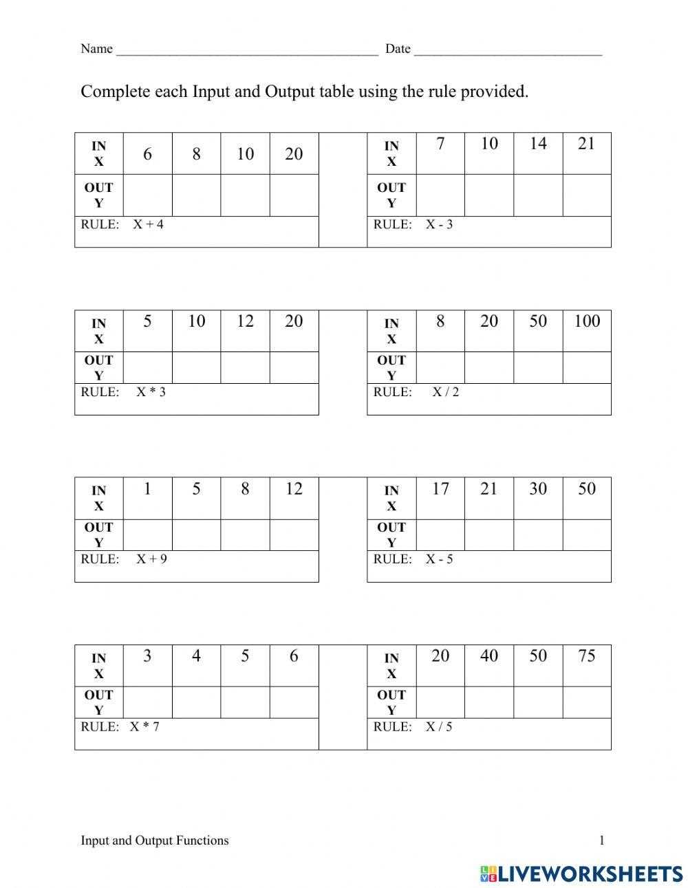 input output table worksheet