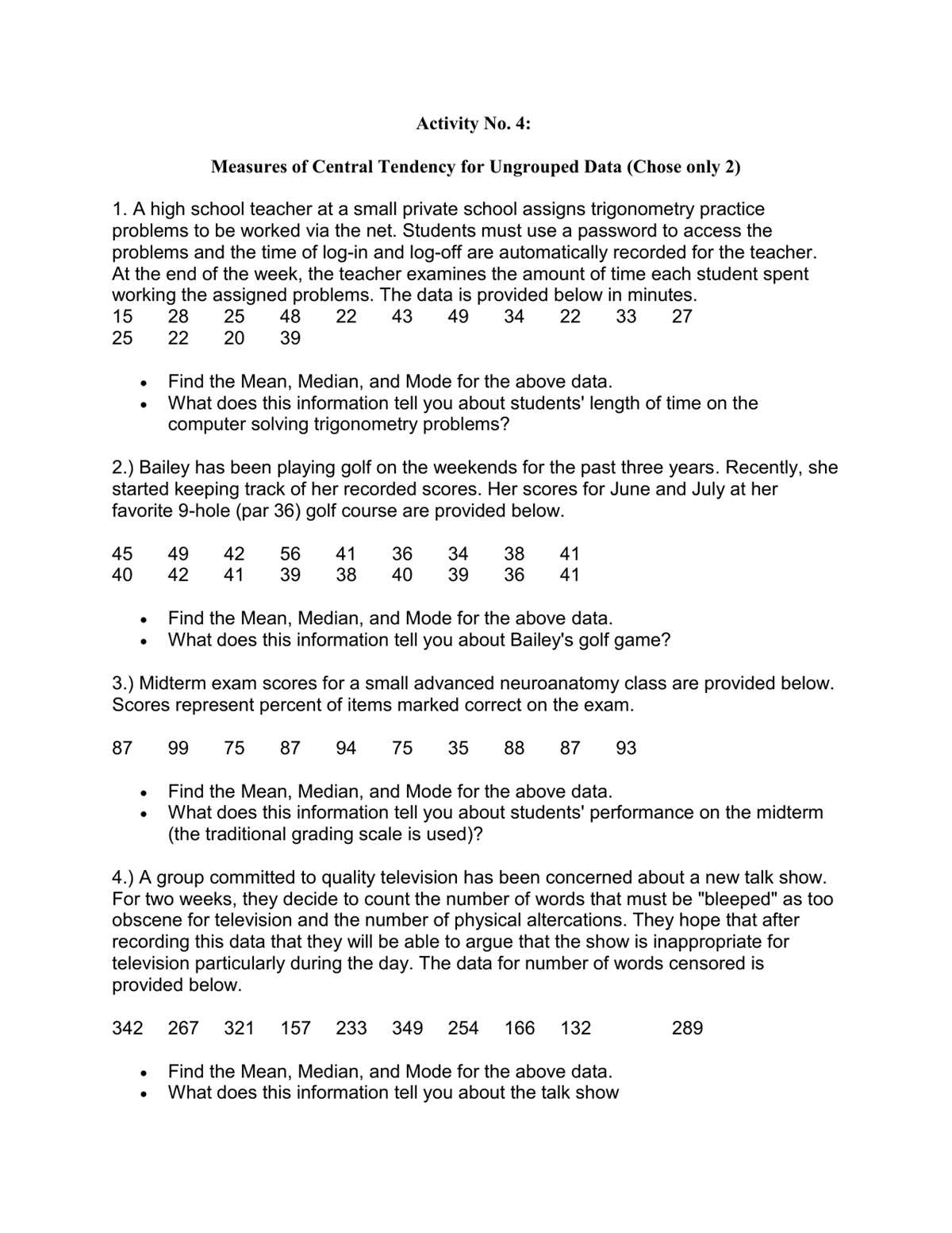 central tendencies worksheet