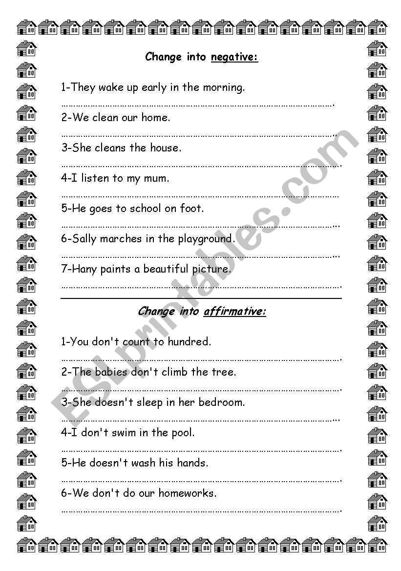 change sentence into negative worksheet