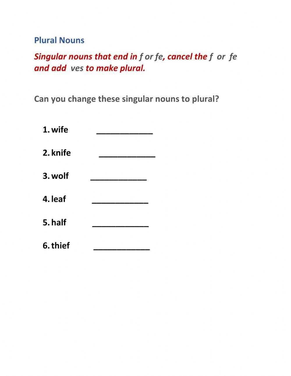 changing singular to plural nouns worksheet