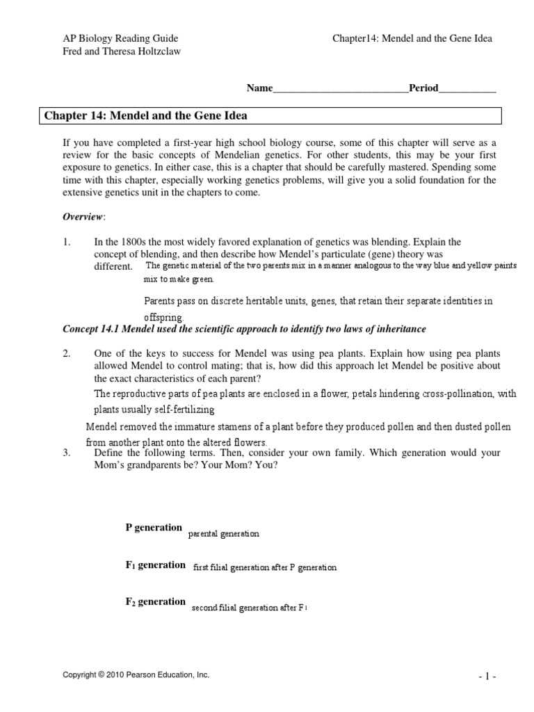 chapter 14 mendel and the gene idea worksheet