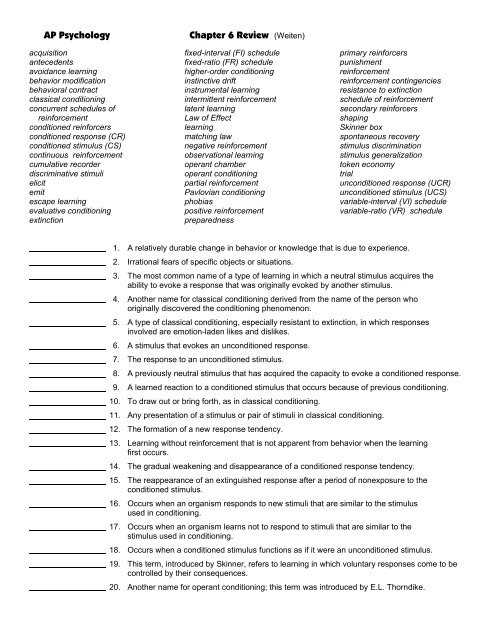 chapter 6 learning psychology review worksheet