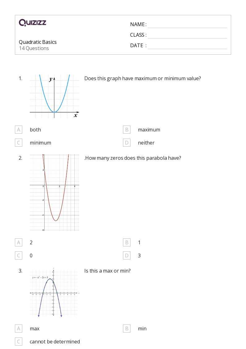 characteristics of a quadratic function worksheet
