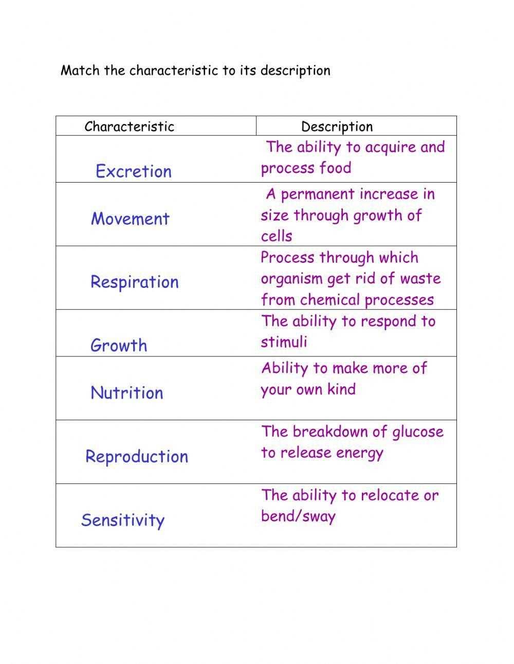 characteristics of life reinforcement worksheet