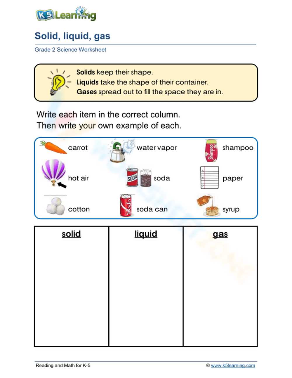 characteristics of solid liquid and gas worksheet