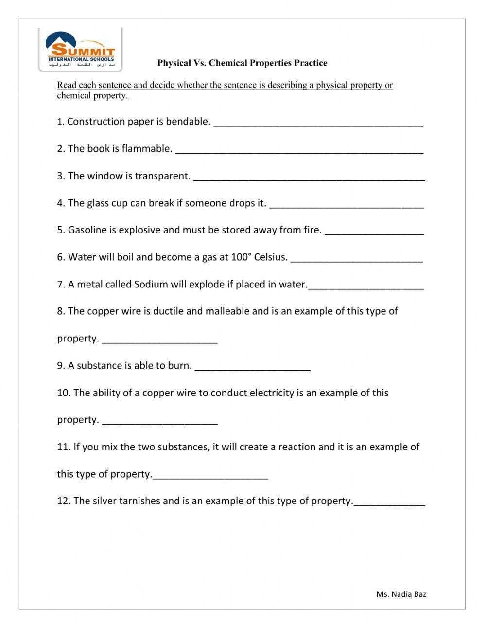 chemical or physical property worksheet