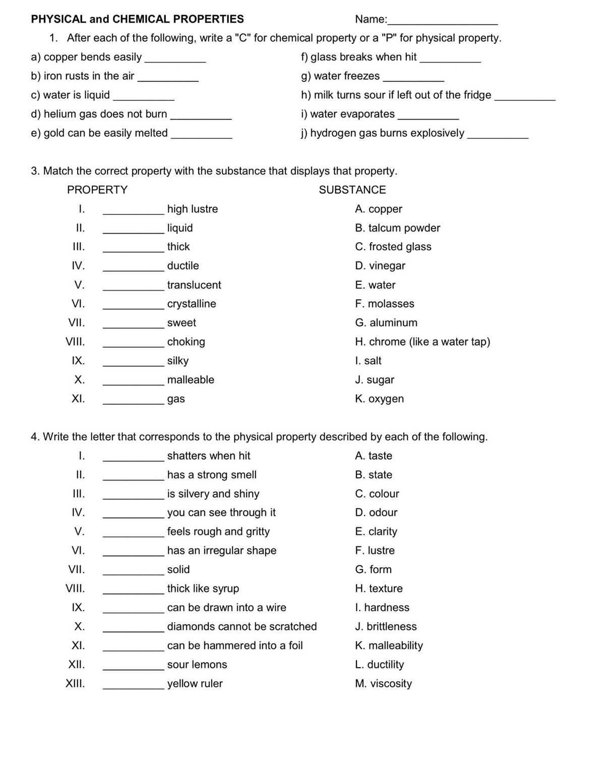 chemical physical properties worksheet