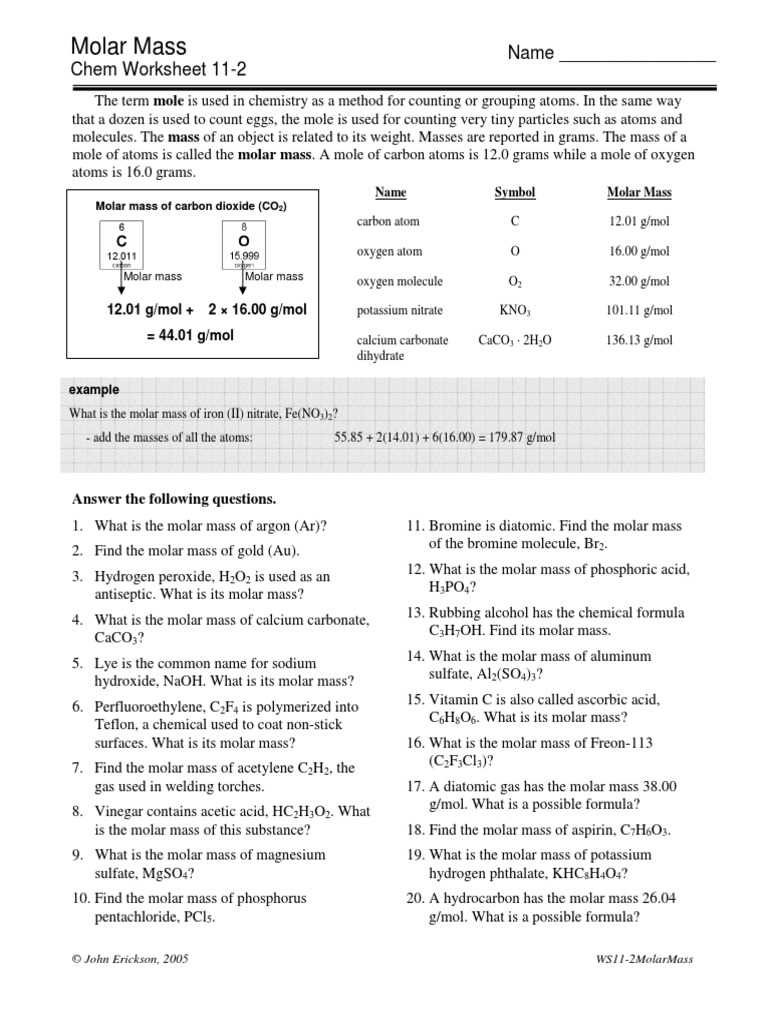chemistry moles and mass worksheet
