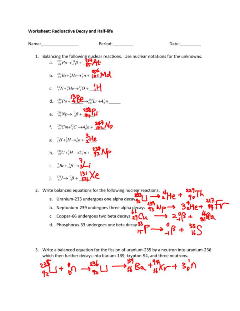 chemistry radioactive decay worksheet