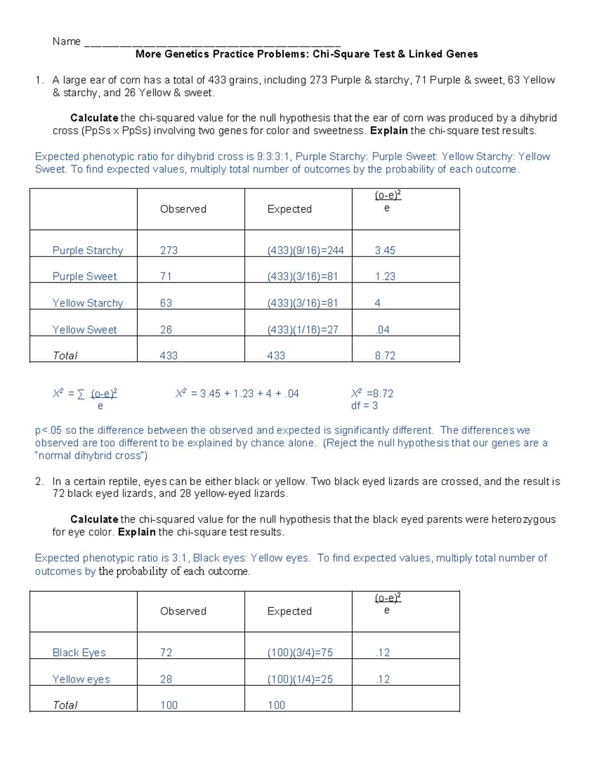 chi square genetics worksheet