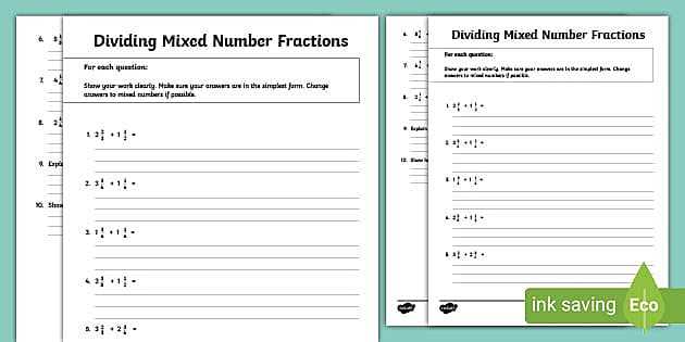 dividing mixed numbers and fractions worksheet