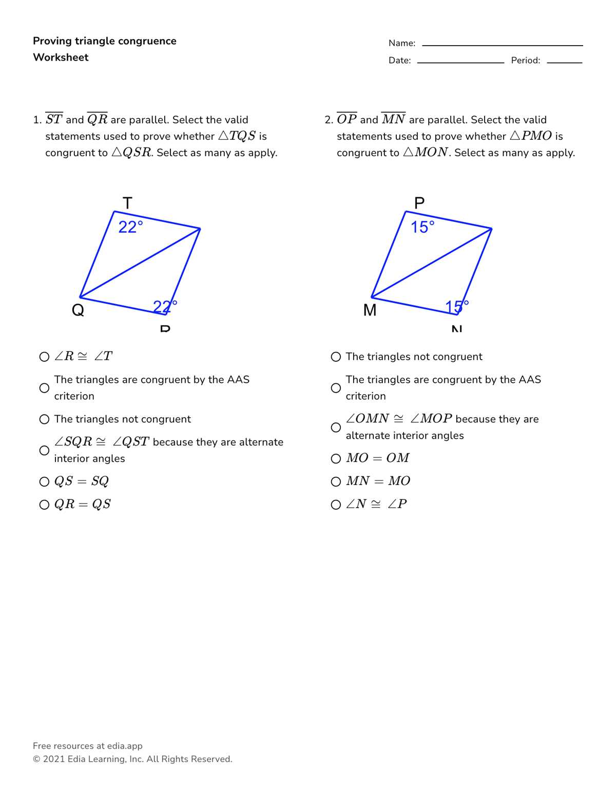 congruent triangle proof worksheet