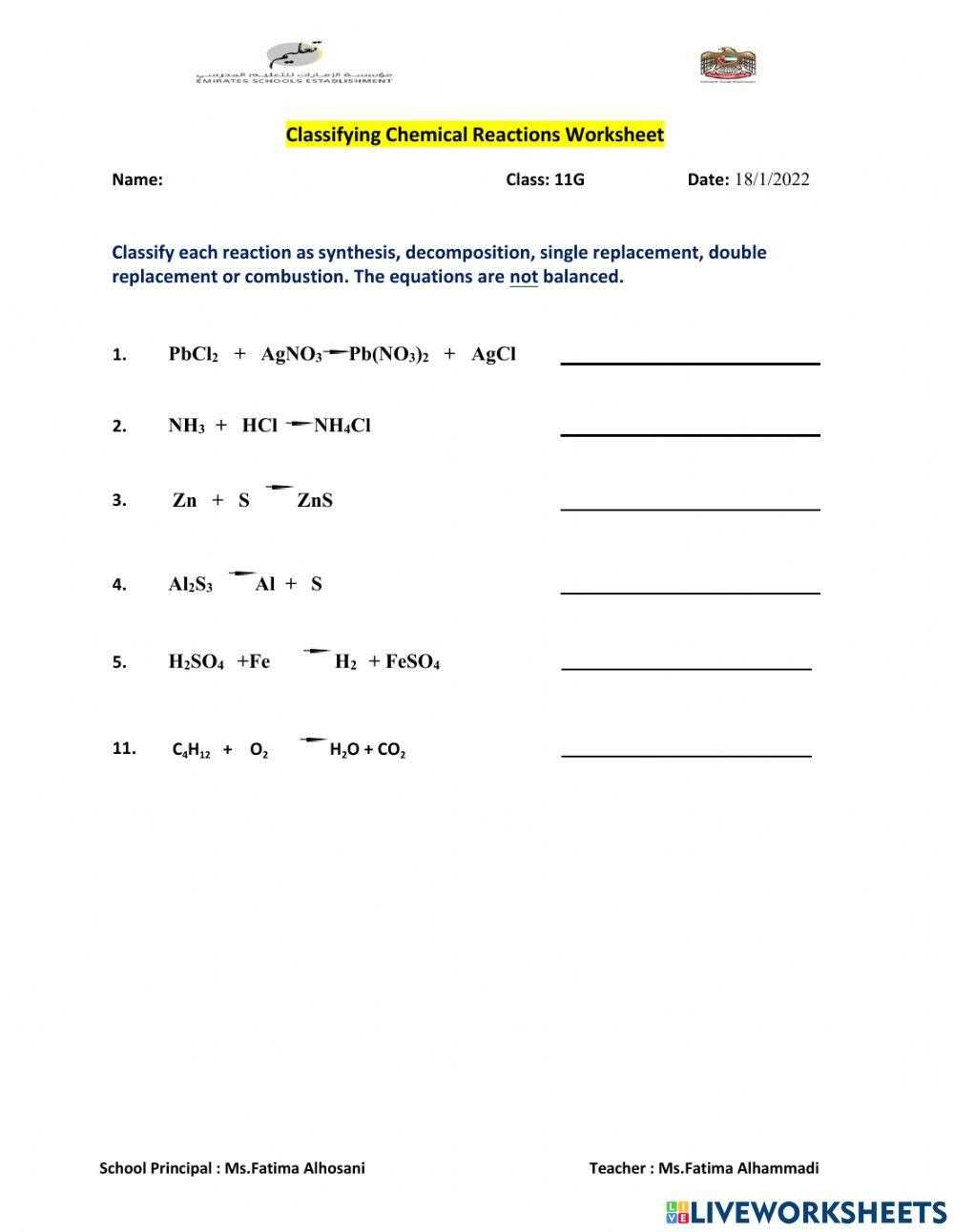 classifying chemical reactions worksheet key