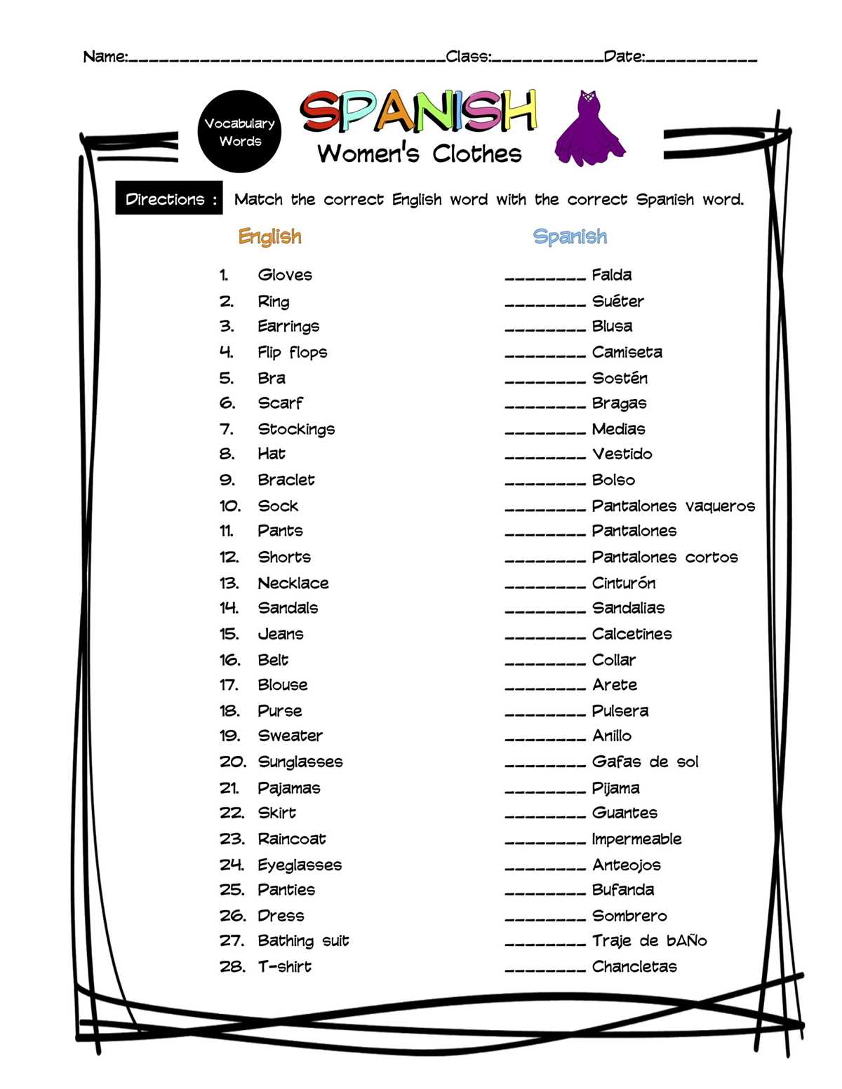 clothes in spanish worksheet clothes in spanish worksheet