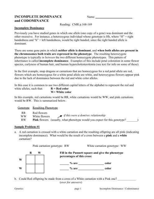 codominance incomplete dominance worksheet