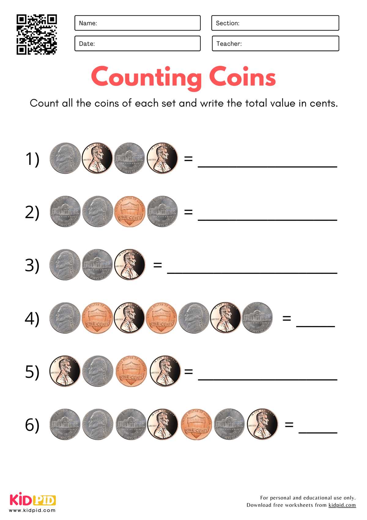 coins for kindergarten worksheet