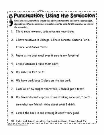colons and semi colons worksheet