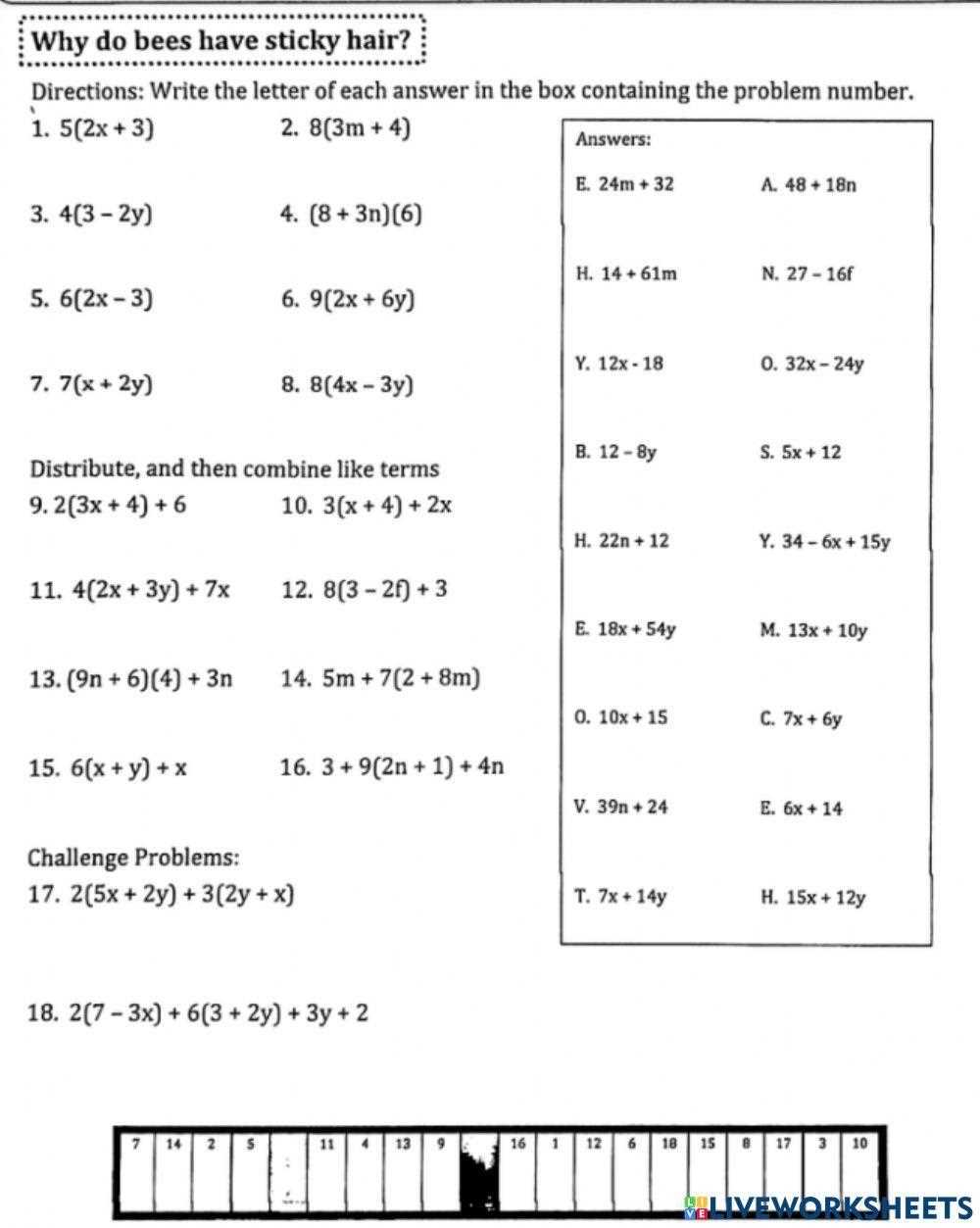 combining like terms with distributive property worksheet