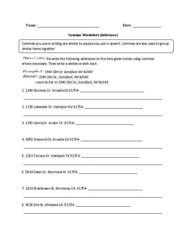 comma practice worksheet high school