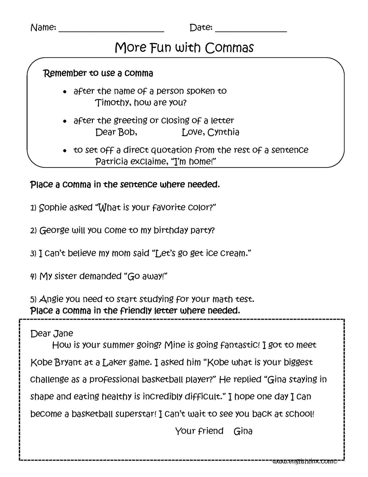comma practice worksheet high school