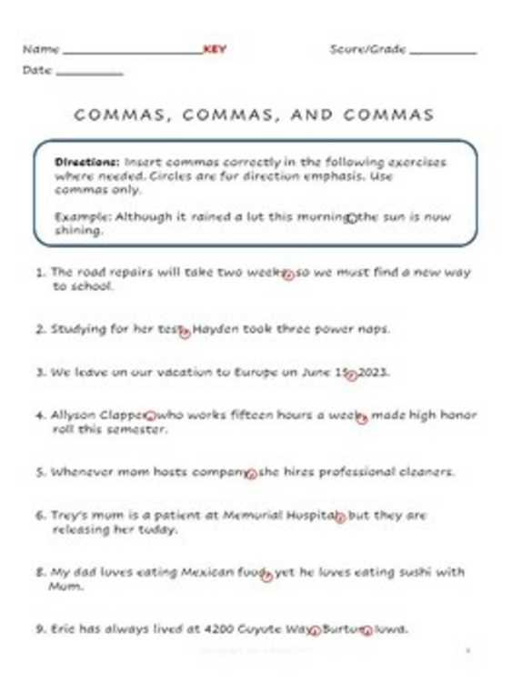 comma practice worksheet high school