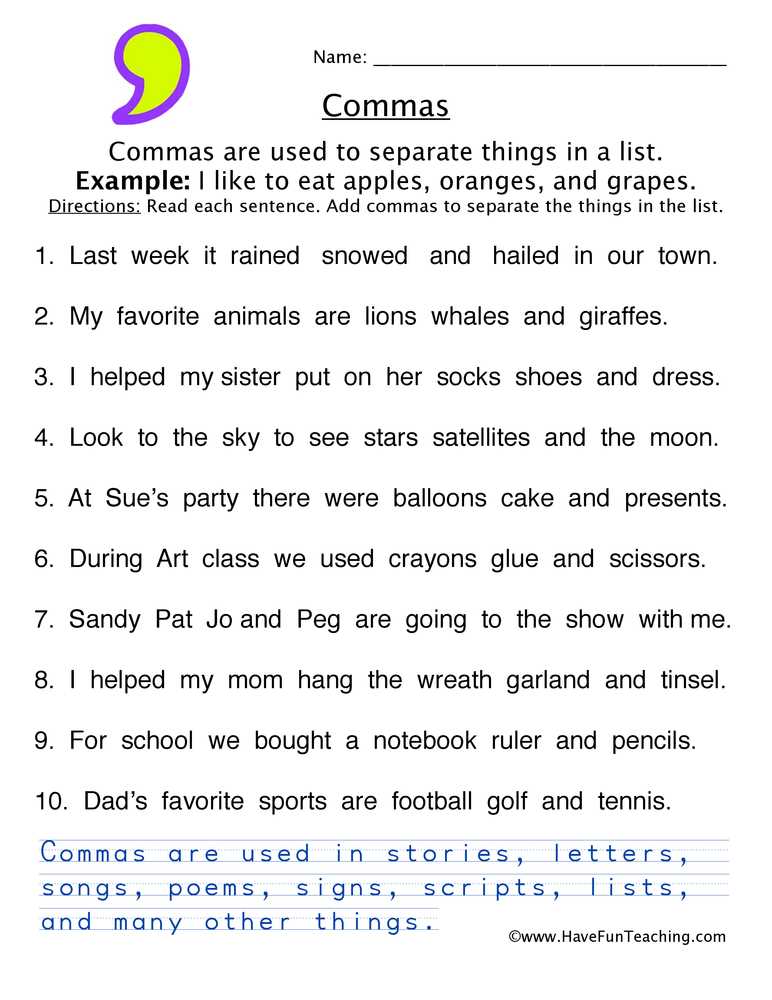 comma practice worksheet high school