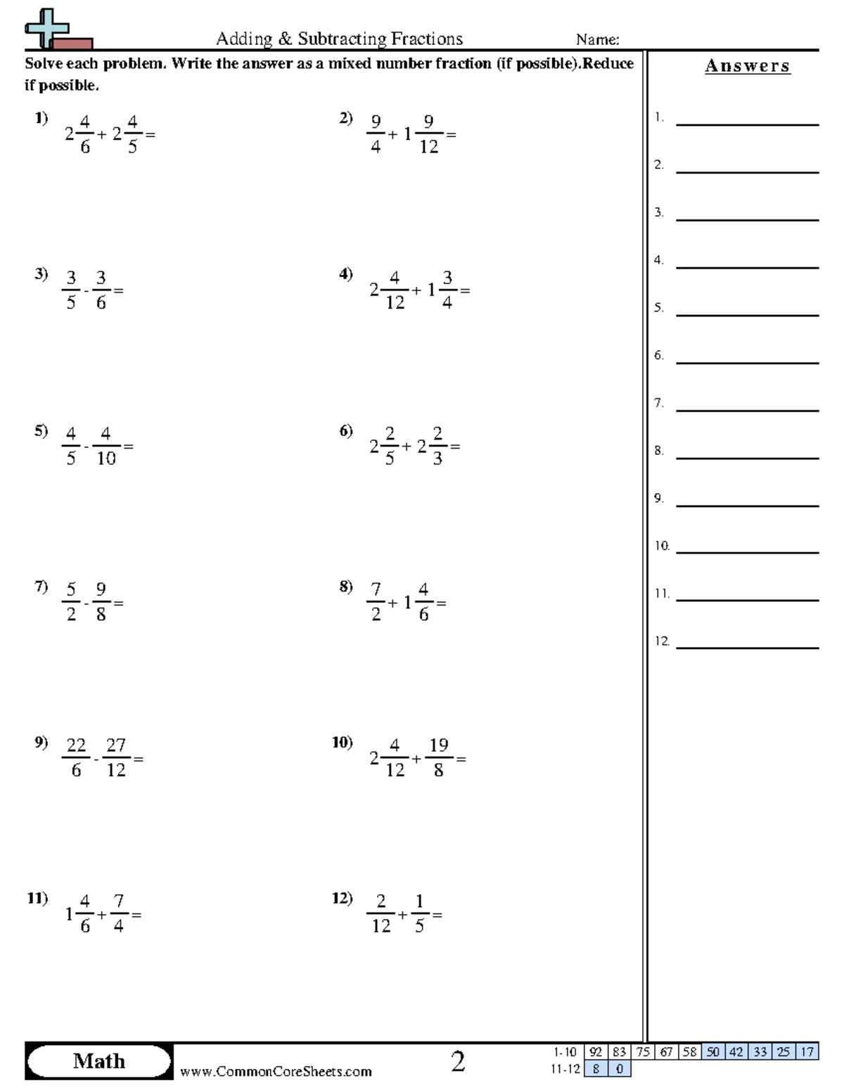 common core fractions worksheets