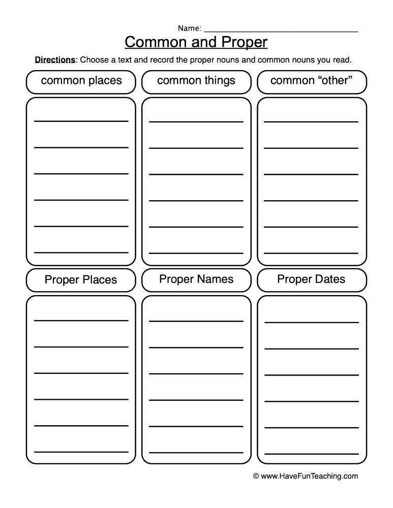 common vs proper nouns worksheets