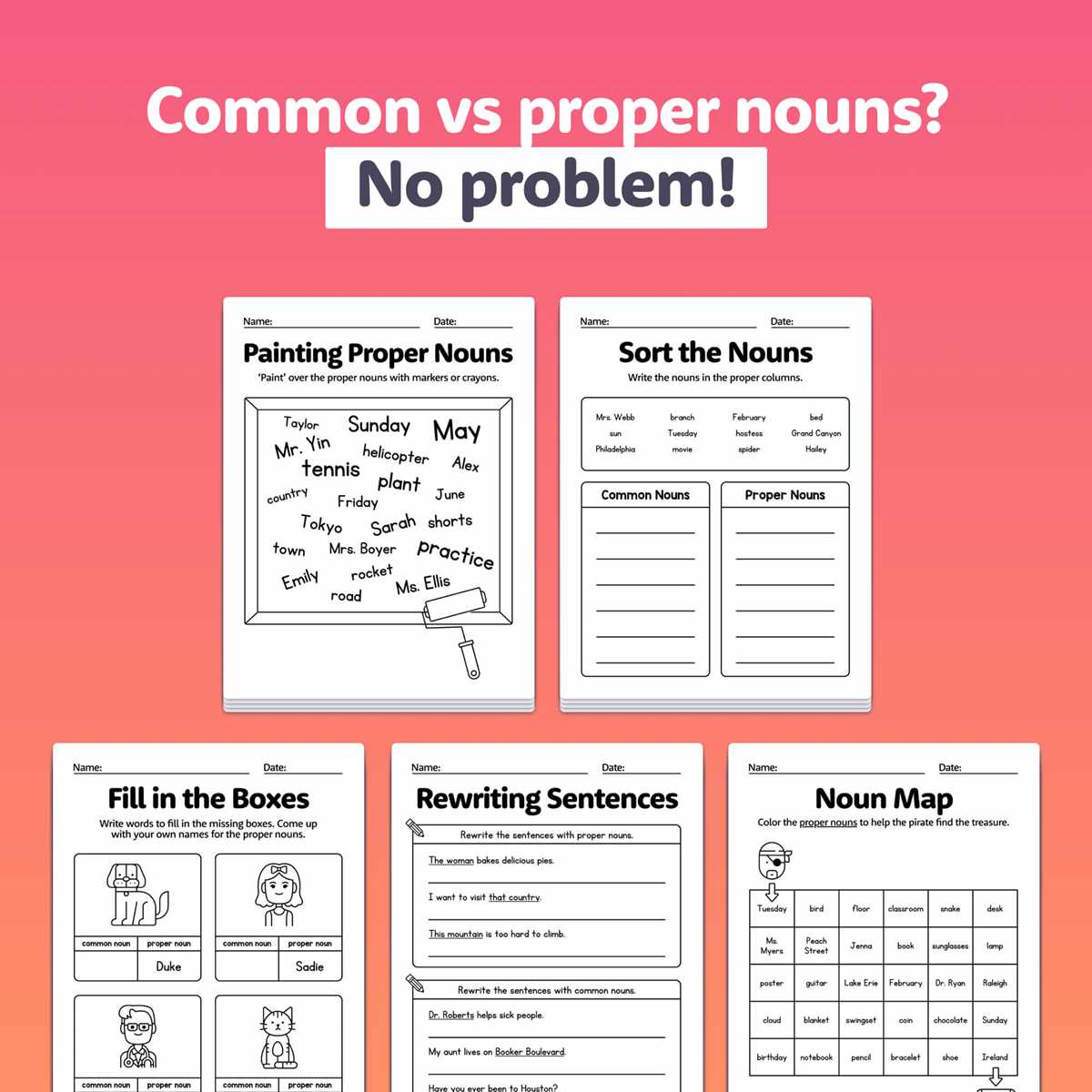 common vs proper nouns worksheets