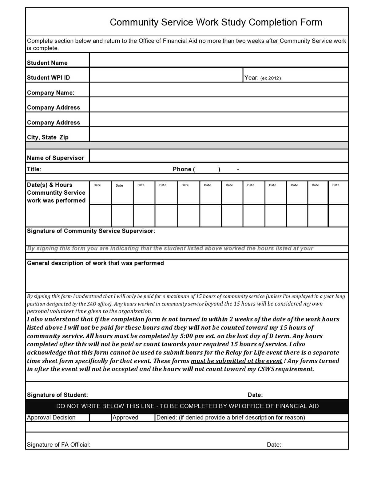community service hours worksheet