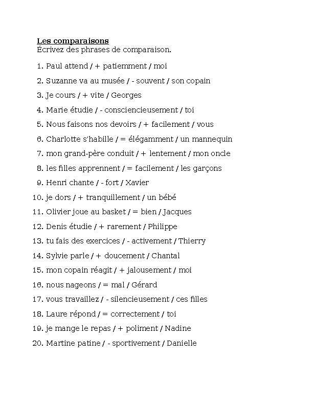 comparatif french worksheet