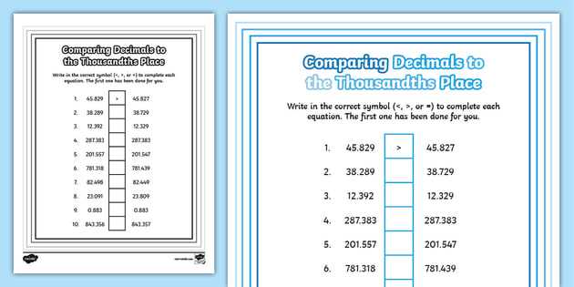 compare decimals worksheet