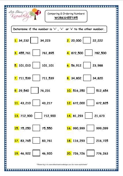 comparing 7 digit numbers worksheet