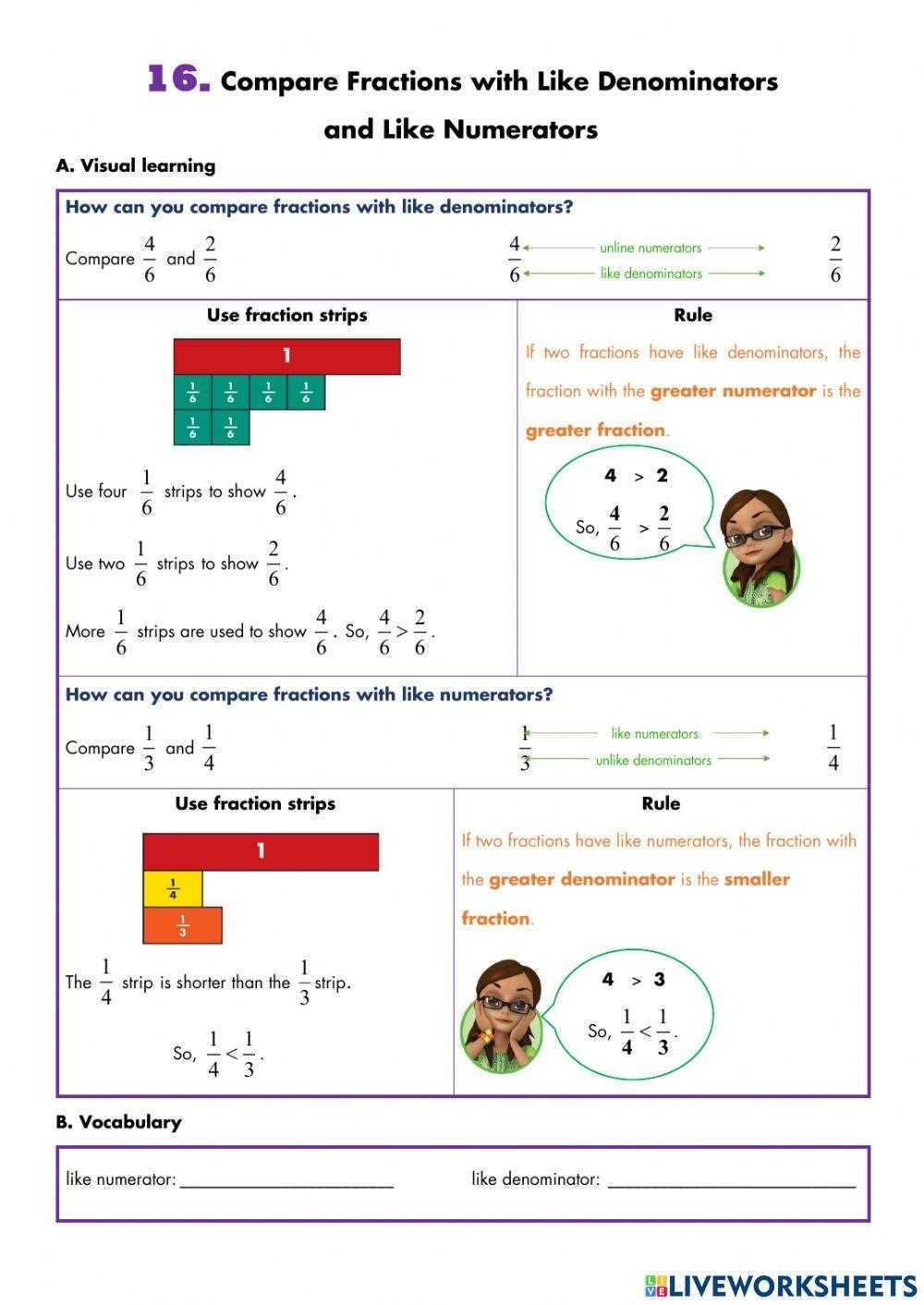 comparing fractions worksheet same numerator