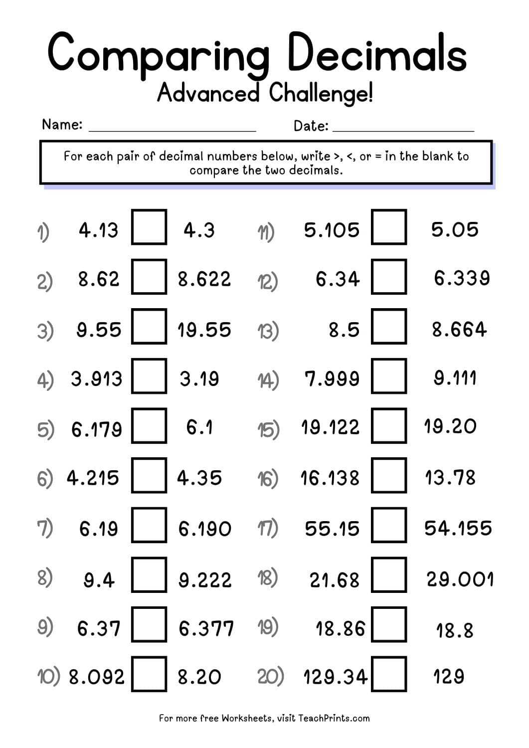 comparing numbers worksheet 4th grade